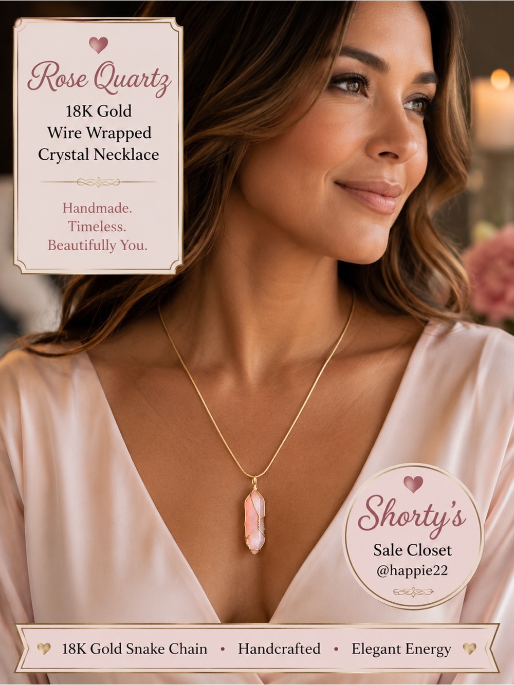 Rose Quartz gold wire wrapped crystal with 18k gold necklace • New